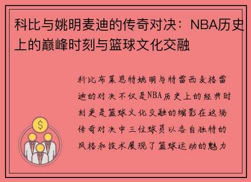 科比与姚明麦迪的传奇对决：NBA历史上的巅峰时刻与篮球文化交融